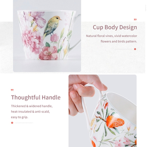 Tasse en porcelaine fine en forme de pétale avec motif oiseau et fleur - Tasse à café style pastoral américain - Product Image 4