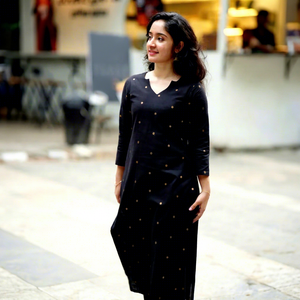 <b>Women</b> Black Glitter Print Wrinkle-Free Quick-Dry Casual Loose Fit Ankle-Length Cotton <b>Kurta</b>/Kurti India Pakistan Style - Product Image 1