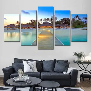 Decor Home Living Room Frame 5 pezzi Sea Bridge Palm Trees House Seascape Pictures HD stampato quadri su tela modulari Wall Art