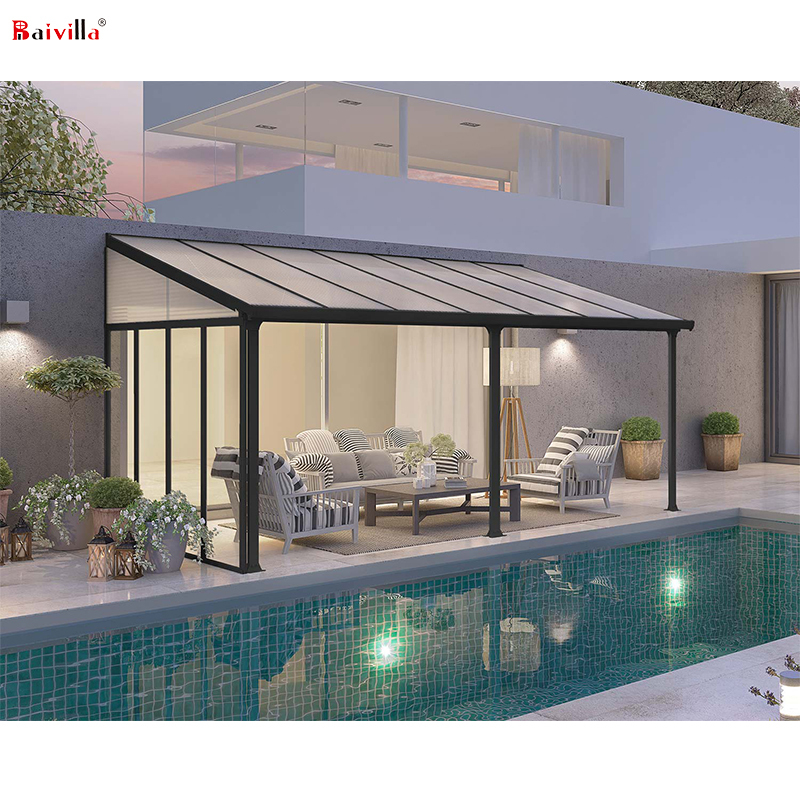 Durée de vie Résilient Polycarbonate Patio Auvents de Balcon En Métal Gris Cadre En Aluminium