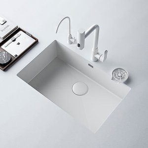 Matte White Nano Stainless Steel Undermount Kitchen Sink with Pull Down Faucet and Glass Rinser Modern Deep Single Bowl Sink - Product Image 1