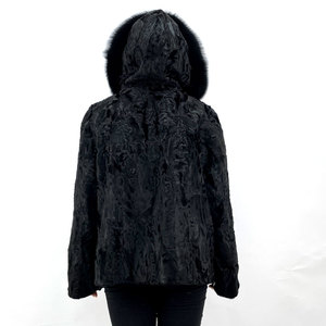 Veste d'hiver pour femme de luxe décontractée de haute qualité, avec garniture en fourrure de renard, en véritable peau de mouton <span class=keywords><strong>Karakul</strong></span>, à capuche, réversible, en polyester ciselé, ODM - Product Image 5
