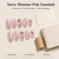 T1847 Faux ongles à presser Kaixin Factory, motif œil de chat rose, style French, détails étoiles rouges, pour usage intérieur, pour professionnels