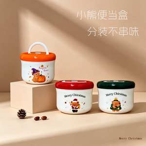 Christmas Bear Plastic Steel Double Layer <b>Lunch</b> <b>Box</b> 900Ml Round With Lid For Breakfast Oatmeal Halloween Pumpkin Design - Product Image 2