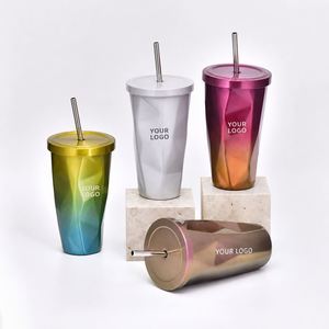 Gobelet isotherme personnalisé en acier inoxydable à double paroi pour adultes avec couvercle et paille - Tasse cadeau d'affaires, thermos, bouteille isotherme sous vide - Product Image 1