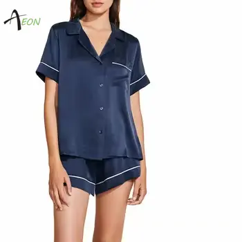 Custom Women Pajamas Spandex Silky  Satin Pyjama Set Short Sleeve Shorts Pijamas