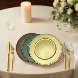 Placas de cargador de oro de plástico Placas de cargador de cuentas redondas de 13 pulgadas para decoración de mesa de boda - Product Image 6