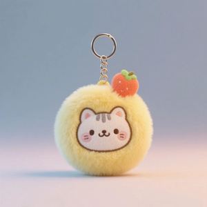 Customized Cute <b>Cat</b> Plush Keychain Soft Yellow Fuzzy Key <b>Ring</b> with Strawberry Charm Kawaii Animal Accessory for Backpack - Product Image 1