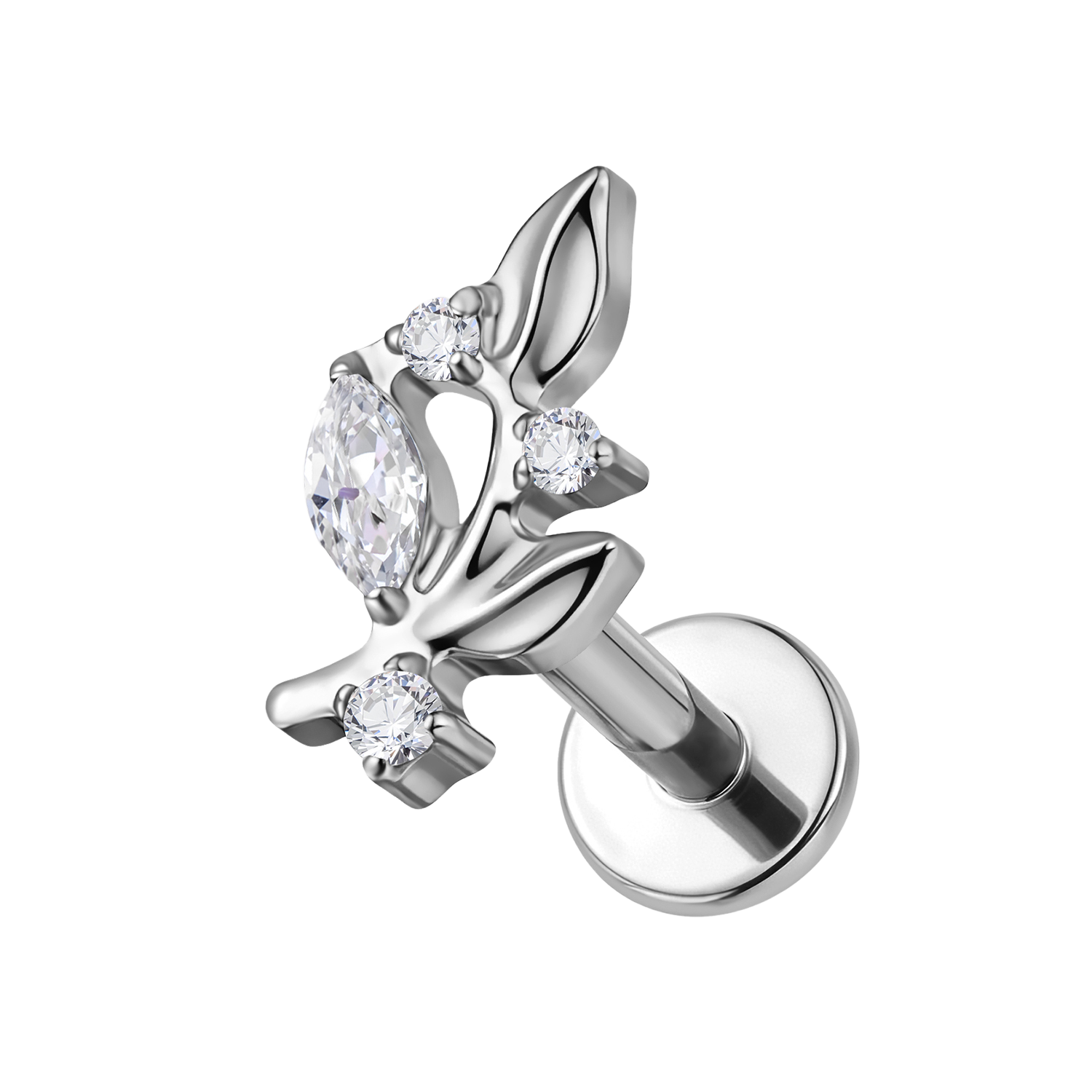 Clou labret feuilles argentées dos plat