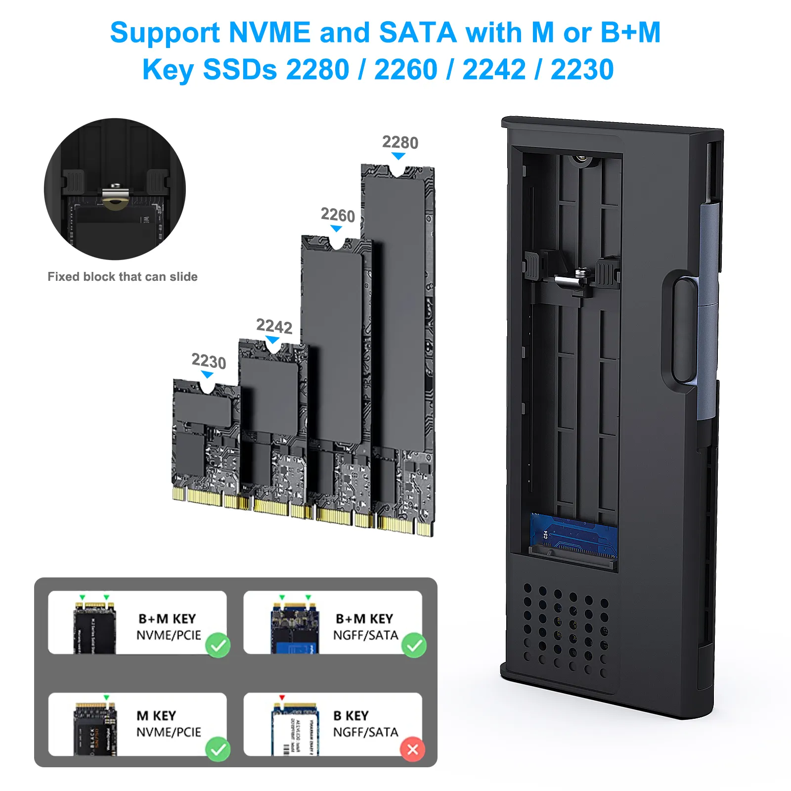 M.2 NVME SATA SSDエンクロージャー、10 Gbps USB Type-C/Type-AからNVME PCI-E SATA M-Key/(B M) キーソリッドステートドライブエンクロージャーのカスタマイズ