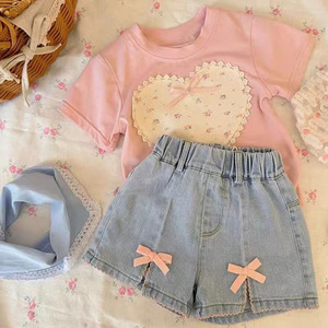 <strong>2025</strong> <strong>Girls</strong> Summer Suit High Quality New Korean <strong>Trend</strong> Bow Pink Short Sleeve Denim Shorts Two-Piece Shirt Set