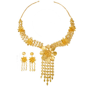 Ensemble de bijoux de mariée africains nigérians en or 24 carats de Dubaï, collier pour femmes saoudiennes, boucles d'oreilles deux pièces - Product Image 5