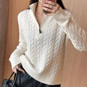 סוודר צמר נשים סרוג עם רוכסן רבע, סריגת כבלים, לוגו בהתאמה אישית, MOQ נמוך, לחורף - Product Image 4