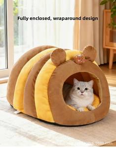 <b>Small</b> Bee Shaped Durable Winter Warm Striped Comfortable Closed Design <b>Box</b> Pet Cave Cat & Dog Bed - Product Image 3