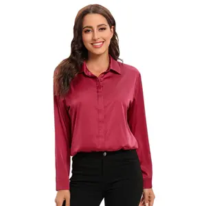 Women's Silk Blouse Long Sleeve Stretch Satin Plain Front Shirt Casual Work Office Silky Blouse Top
