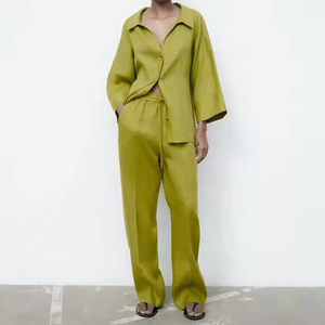 Set da donna primavera estate due pezzi pantaloni larghi in <span class=keywords><strong>lino</strong></span> ricamato floreale <span class=keywords><strong>con</strong></span> Cardigan <span class=keywords><strong>camicia</strong></span> Casual da donna - Product Image 1