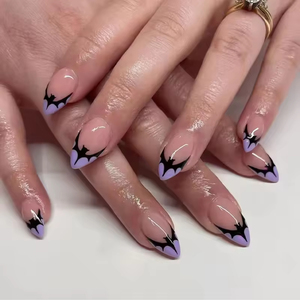 24Pcs Purple Black Bat Wearable <strong>Nail</strong> Art Tips Medium Almond Halloween <strong>False</strong> Press on <strong>Nails</strong> - Product Image 1