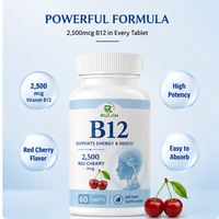 OEM ODM Ruijin Vitamine B12 Méthylcobalamine 2500mcg Complément Énergie et Humeur Adulte Saveur Cerise Rouge 60 Comprimés Vente en Gros