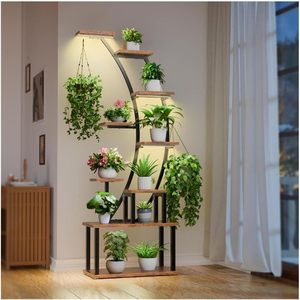 Multi Layer Floor Standing <b>Plant</b> Rack Black Frame With Brown Wood Planks For Living Room Balcony Indoor Outdoor Use - Product Image 3
