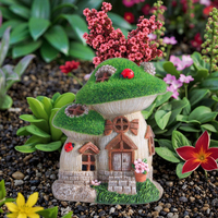 Décoration de jardin Statues champignons floqués verts Maison de fée en résine avec lumières solaires pour paysage extérieur