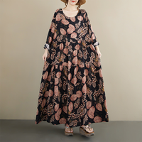 Robes maxi décontractées vintage en coton uni teint, à imprimé floral, taille plus, pour femmes, robe à manches mi-longues, robe de soirée élégante pour femmes