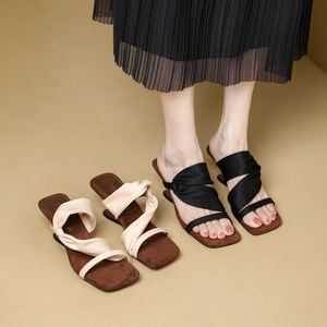 2026 Summer New French Satin square Toe <b>Block</b> Heel Slides Open Toe slip on Elegant Women Outdoor Sandals - Product Image 5