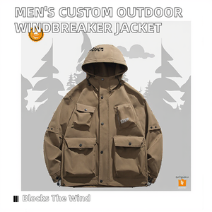 Chaqueta Cortavientos Tejida Personalizada para Hombre, Estilo Informal Deportivo, Cierre de Cremallera, Color Sólido, Cuello Alto, Estilo Cargo - Product Image 2