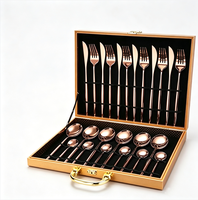 Ensemble de couverts en or rose PVD, 24 pièces, style moderne, acier inoxydable poli miroir, boîte cadeau en bois pour cadeaux