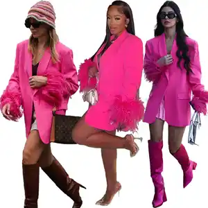 ホット販売2022トレンド冬服ピンクの羽の装飾長袖シングルブレストファッション女性ブレザースーツセット