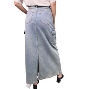 กระโปรงยีนส์เอวสูงสีพื้นผ้าฝ้ายมีกระเป๋า สไตล์ลำลองสำหรับผู้หญิง ขายดี - Product Image 5