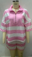 Ensemble de survêtement décontracté 2 pièces pour femme, haut à manches courtes rayé avec col demi-zip et short à taille élastique, broderie personnalisée