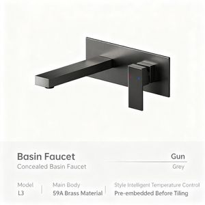 Robinet mural en laiton gris Gunmetal | Mitigeur encastré de lavabo avec design minimaliste Installation dissimulée en laiton - Product Image 2