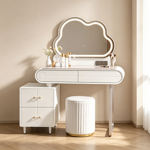 Modern Makeup <b>Vanity</b> With Lighted Cloud <b>Mirror</b> Storage Drawers Bedroom <b>Dressing</b> <b>Table</b> With Stool - Product Image 3
