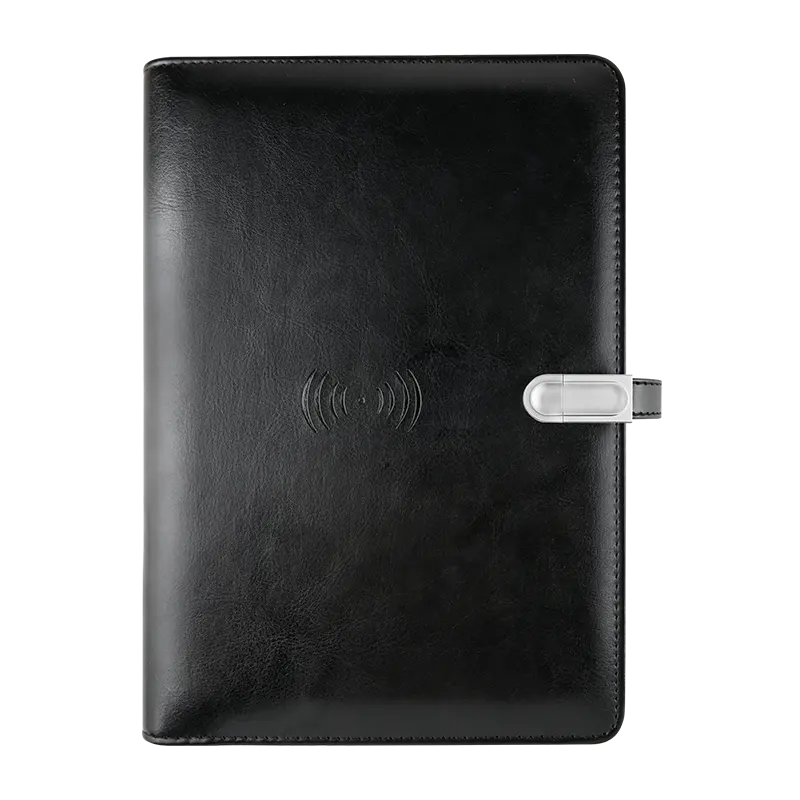 4 inch LCD video player leather diary planner A5 notebook with powerbank wireless Charger and advertising