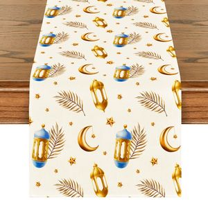 Nappe blanche d'été pour le Ramadan avec motif étoile et lune dorés, chemin de table assorti pour <span class=keywords><strong>cuisine</strong></span>, salle à manger, patio, idéal pour l'Aïd - Product Image 5