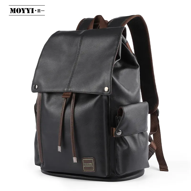 Wholesale High Capacity Waterproof Pu Leather Man Black School Backpack for University Students Travel Computer Laptop Backpack