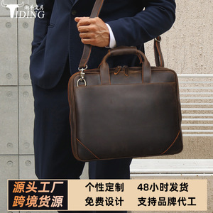 Tiding Retro Crazy Horse <b>Leather</b> <b>Briefcase</b> 15.6 Inch Laptop Bag Men Business Travel Light Weight Wear Resistant Solid Color - Product Image 5
