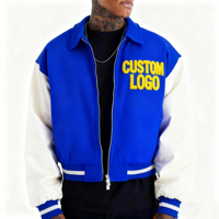 Blouson Bomber XJYD personnalisé en usine avec logo brodé en chenille, col montant, style Hip Hop, en laine polaire et manches en cuir pour homme