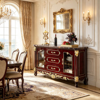 Buffet de luxe européen en bois massif avec plateau en marbre, meuble de rangement sculpté antique, mobilier de salle à manger, vente en gros