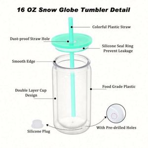 Gobelet double paroi 20oz style boule à neige, avec trou pré-percé, couvercle coloré et paille, en plastique PS transparent, pour personnalisation DIY, style américain, cadeau d'affaires - Product Image 5