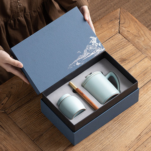 Juego de tazas de té de porcelana Tianqing Ru, taza de cerámica con cuchara, regalo de oficina para reuniones de negocios y festivales - Product Image 1