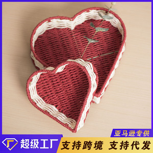 Handmade Paper Rope Heart Shaped <b>Storage</b> <b>Basket</b> Red Green Woven Desk Organizer For Keys And Small Items - Product Image 5