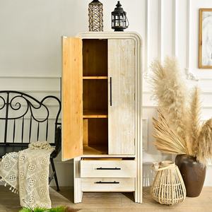 <b>Living</b> <b>Room</b> Accent Rustic White <b>Tall</b> Solid Wood Storage <b>Cabinet</b> with 2 Drawers Large Capacity Durable - Product Image 3