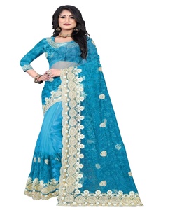 ชุดปาร์ตี้ผ้าส่าหรีสีส้มสำหรับผู้หญิงอินเดียปักลายดอกไม้ทำจากผ้าไหมตาข่ายพร้อมเสื้อสำหรับใส่ทำงานส่าหรี - Product Image 1