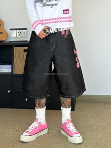 <span class=keywords><strong>Pantaloncini</strong></span> Jeans a Gamba Larga con Logo Personalizzato, Stile Carpenter, Cuciture a Contrasto, Denim Nero - Product Image 2