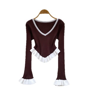 Suéter de Poliéster a Rayas de Estilo Europeo Americano, con Dobladillo con Volantes, Manga Campana, Corte Ajustado, Prenda Exterior de Otoño - Product Image 5