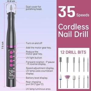 Ponceuse à ongles électrique professionnelle 3-en-1 sans fil portable 35000 tr/min avec lampe UV intégrée et affichage LED pour pédicure et manucure - Product Image 6