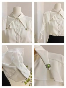 S-XL उच्च अंत की स्टड लैपल शैली सैटिन शर्ट लंबी आस्तीन शिफॉन रूफल्ड शीर्ष - Product Image 5