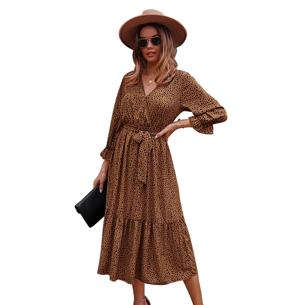 2022 new hot sale autumn and winter women's casual loose loose floral long-sleeved dress fashion lace up long dress