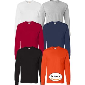 Camiseta de Manga Larga para Hombre, Paquete de 6, Cuello Redondo, Algodón Jersey, Colores Sólidos, Tallas Surtidas - Product Image 1